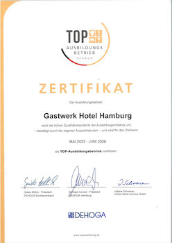 Zertifikat Top Ausbildungsbetrieb Gastwerk Hotel Hamburg